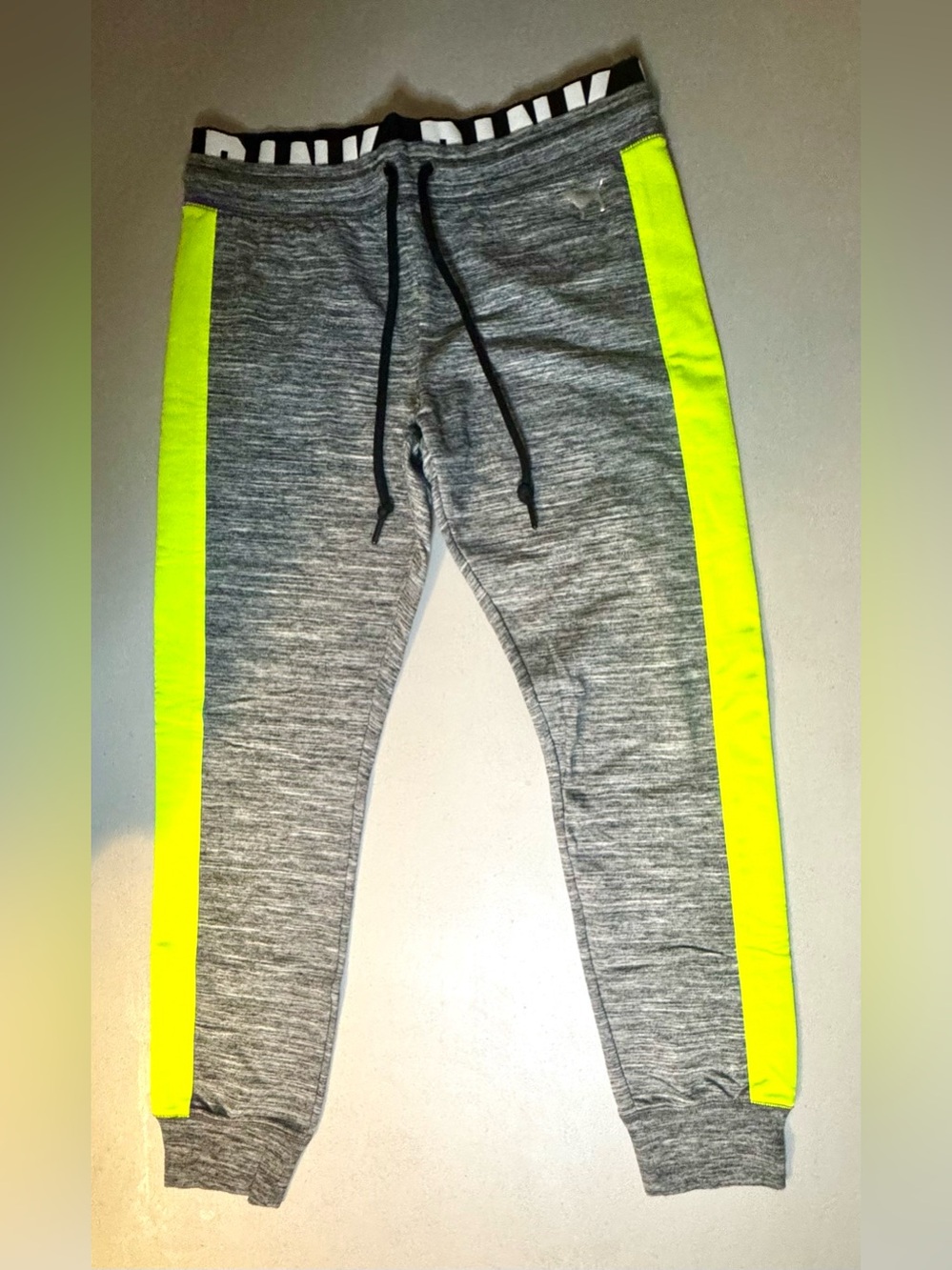 PINK Victoria's Secret Medium Gray Joggers with Neon Yellow Side Stripes